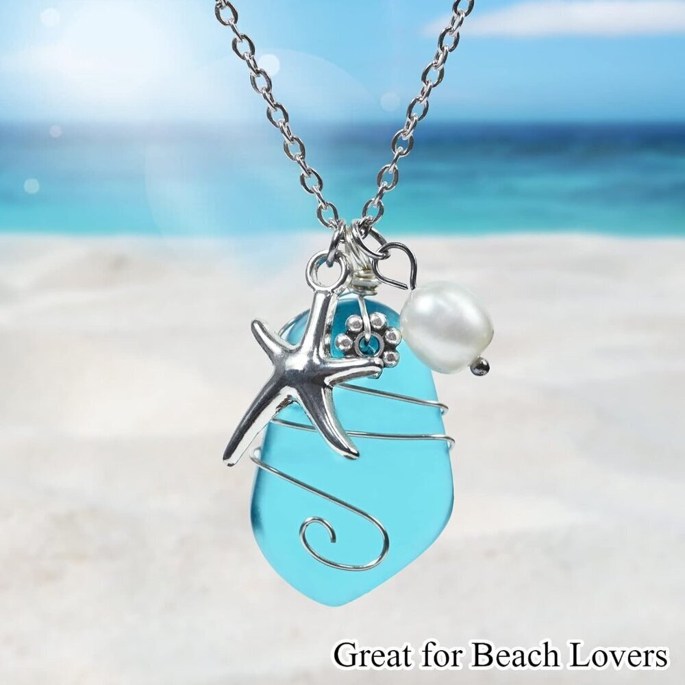 Sea Glass Necklace Handmade Blue Beach Jewelry Adjustable Gift for Women - Picture 5 of 6